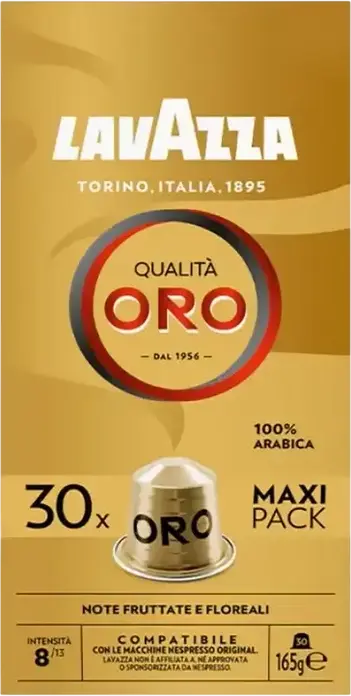Capsule de Cafea Lavazza Qualita Oro pentru Masini Nespresso Original, 100% Arabica, Prăjire Ușoară, Intensitate 8/13, Capsule de Aluminiu, Note Fructate și Florale