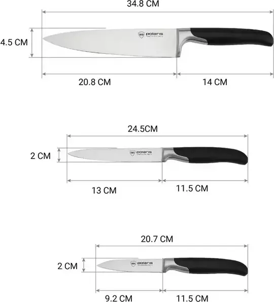 Set Cutite Polaris Graphit-4SS 4 Piese din Otel Inoxidabil cu Ascutitoar, Cutit de Bucatar, Universal si de Cojit, Manere Plastic Negru