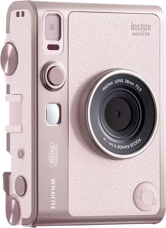 Camera Instant Hibrid Fujifilm Instax Mini Evo, Senzor 5MP, Obiectiv 28mm f/2.0, Ecran LCD 3.0 inch, Bluetooth, Slot SD, Baterie Li-ion, Gentle Rose