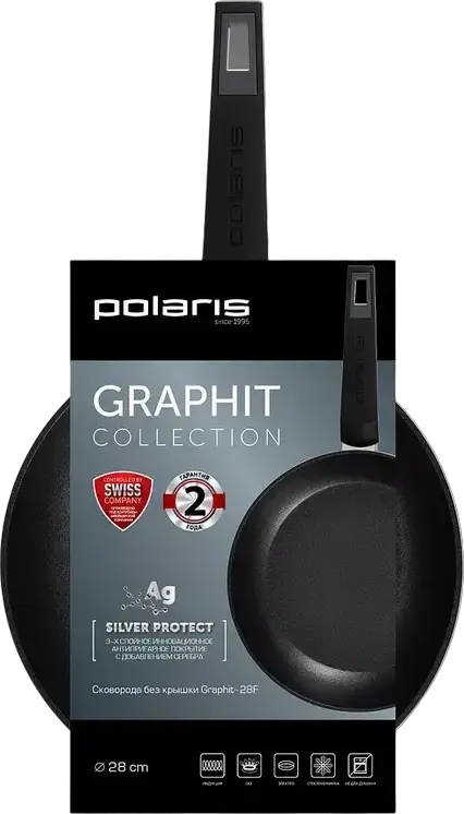 Polaris Graphit-28F Forged Aluminum Frying Pan 28cm, Silver Protect Non-stick Coating, Induction Compatible, Graphite Black, Bakelite Handle