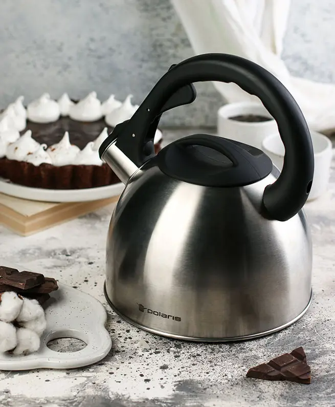 Polaris Verde Whistling Kettle, 2.2L, Stainless Steel Body, Bakelite Handle and Lid, Silver, with Integrated Spout Opening Device