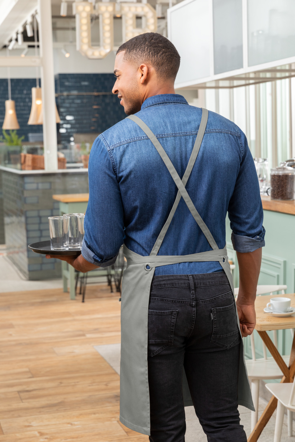 Jobeline Botero Bib Apron, light-grey, 88x100 cm, 65% Polyester 35% Cotton, 200 g/m², Crossed Back Straps, Tablet Pocket, Pen Tab, Washable at 60°C