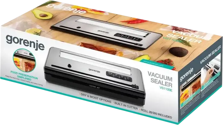 Gorenje VS110BE Vacuum Sealer, 110W, Stainless Steel and Plastic, Dry and Moist Modes, Vacuum-only and Sealing-only, Built-in Cutter, Grey/Black