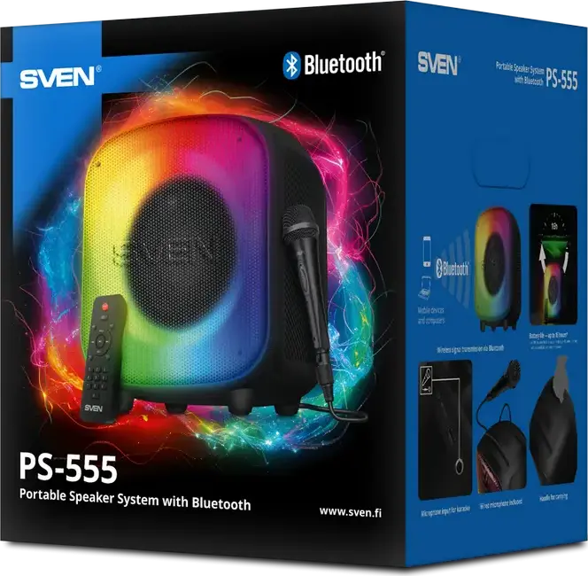 SVEN PS-555 Portable Speaker System, 65W RMS, Bluetooth, RGB Lighting, 16h Battery, USB Type-C, MicroSD, Mic/Aux Input, Remote, Black