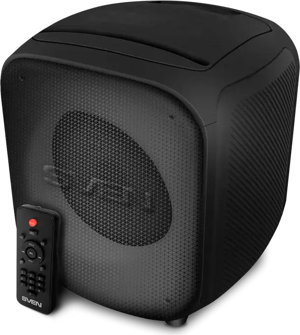 SVEN PS-555 Portable Speaker System, 65W RMS, Bluetooth, RGB Lighting, 16h Battery, USB Type-C, MicroSD, Mic/Aux Input, Remote, Black