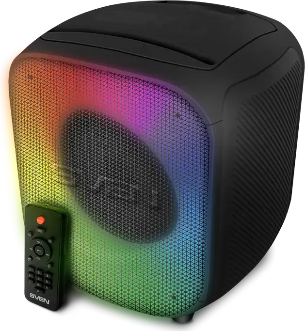 SVEN PS-555 Portable Speaker System, 65W RMS, Bluetooth, RGB Lighting, 16h Battery, USB Type-C, MicroSD, Mic/Aux Input, Remote, Black
