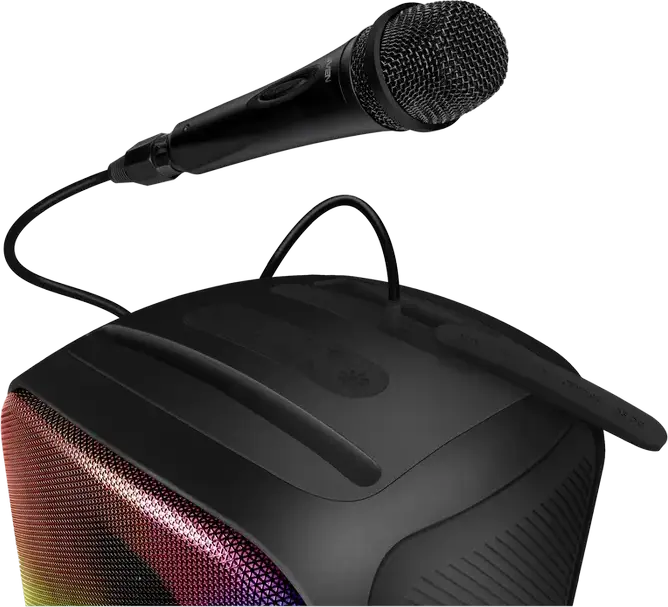 SVEN PS-555 Portable Speaker System, 65W RMS, Bluetooth, RGB Lighting, 16h Battery, USB Type-C, MicroSD, Mic/Aux Input, Remote, Black