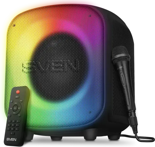 SVEN PS-555 Portable Speaker System, 65W RMS, Bluetooth, RGB Lighting, 16h Battery, USB Type-C, MicroSD, Mic/Aux Input, Remote, Black
