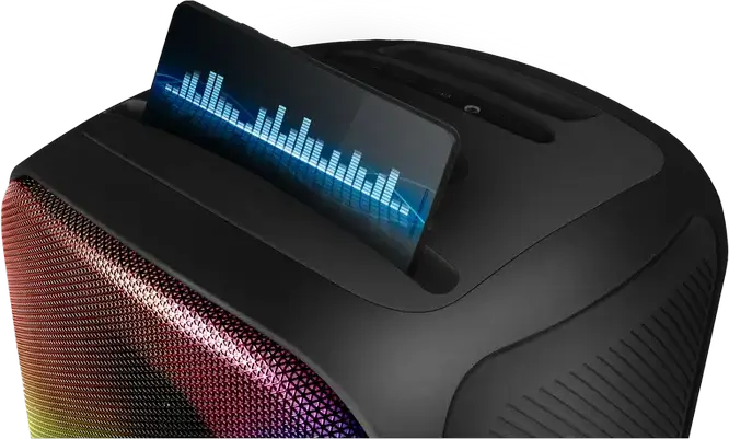 SVEN PS-555 Portable Speaker System, 65W RMS, Bluetooth, RGB Lighting, 16h Battery, USB Type-C, MicroSD, Mic/Aux Input, Remote, Black