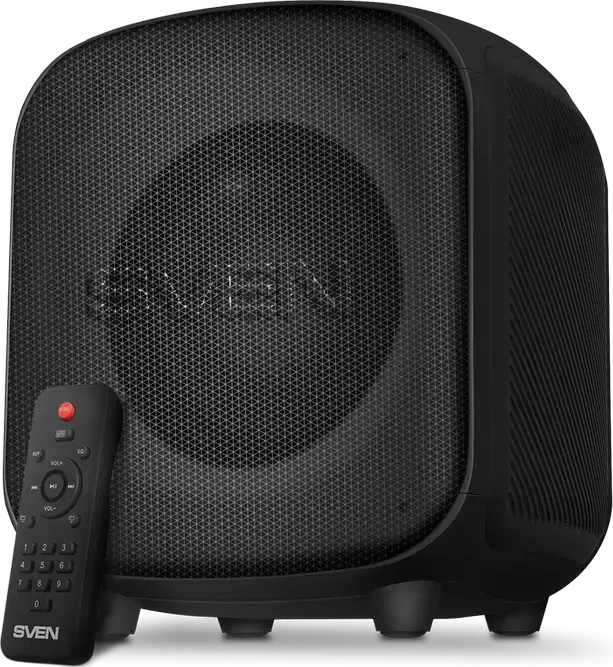 SVEN PS-555 Portable Speaker System, 65W RMS, Bluetooth, RGB Lighting, 16h Battery, USB Type-C, MicroSD, Mic/Aux Input, Remote, Black