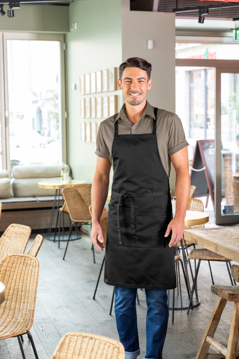 Jobeline Botero Bib Apron, Black, 88x100 cm, 65% Polyester 35% Cotton, 200 g/m², Crossed Back Straps, Tablet Pocket, Pen Tab, Washable at 60°C