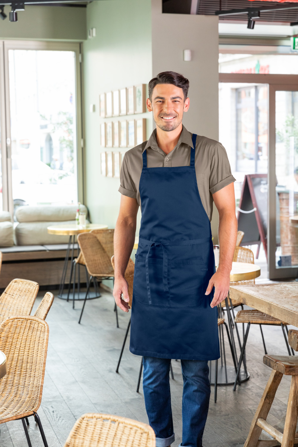 Jobeline Botero Bib Apron, Navy, 88x100 cm, 65% Polyester 35% Cotton, 200 g/m², Crossed Back Straps, Tablet Pocket, Pen Tab, Washable at 60°C