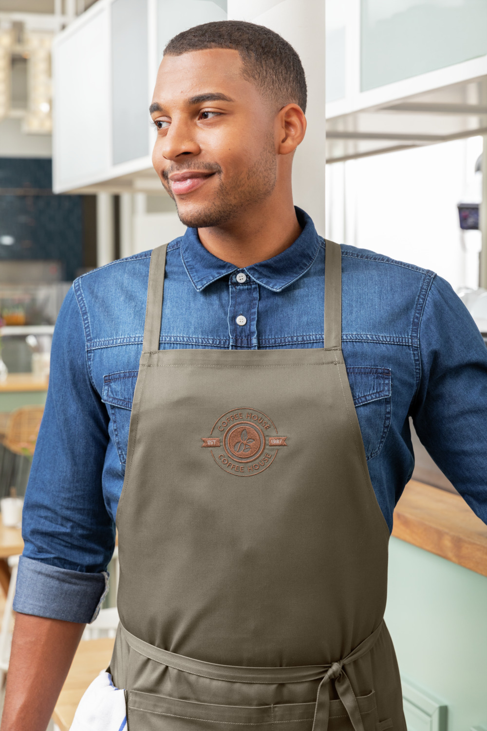 Jobeline Botero Bib Apron, taupe, 88x100 cm, 65% Polyester 35% Cotton, 200 g/m², Crossed Back Straps, Tablet Pocket, Pen Tab, Washable at 60°C