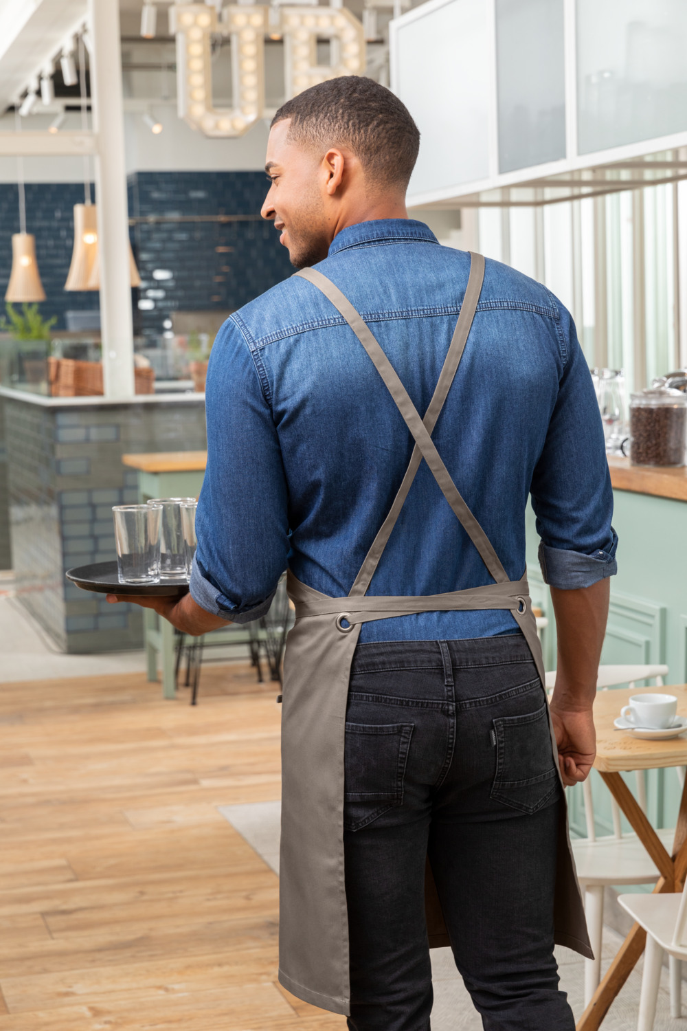 Jobeline Botero Bib Apron, taupe, 88x100 cm, 65% Polyester 35% Cotton, 200 g/m², Crossed Back Straps, Tablet Pocket, Pen Tab, Washable at 60°C