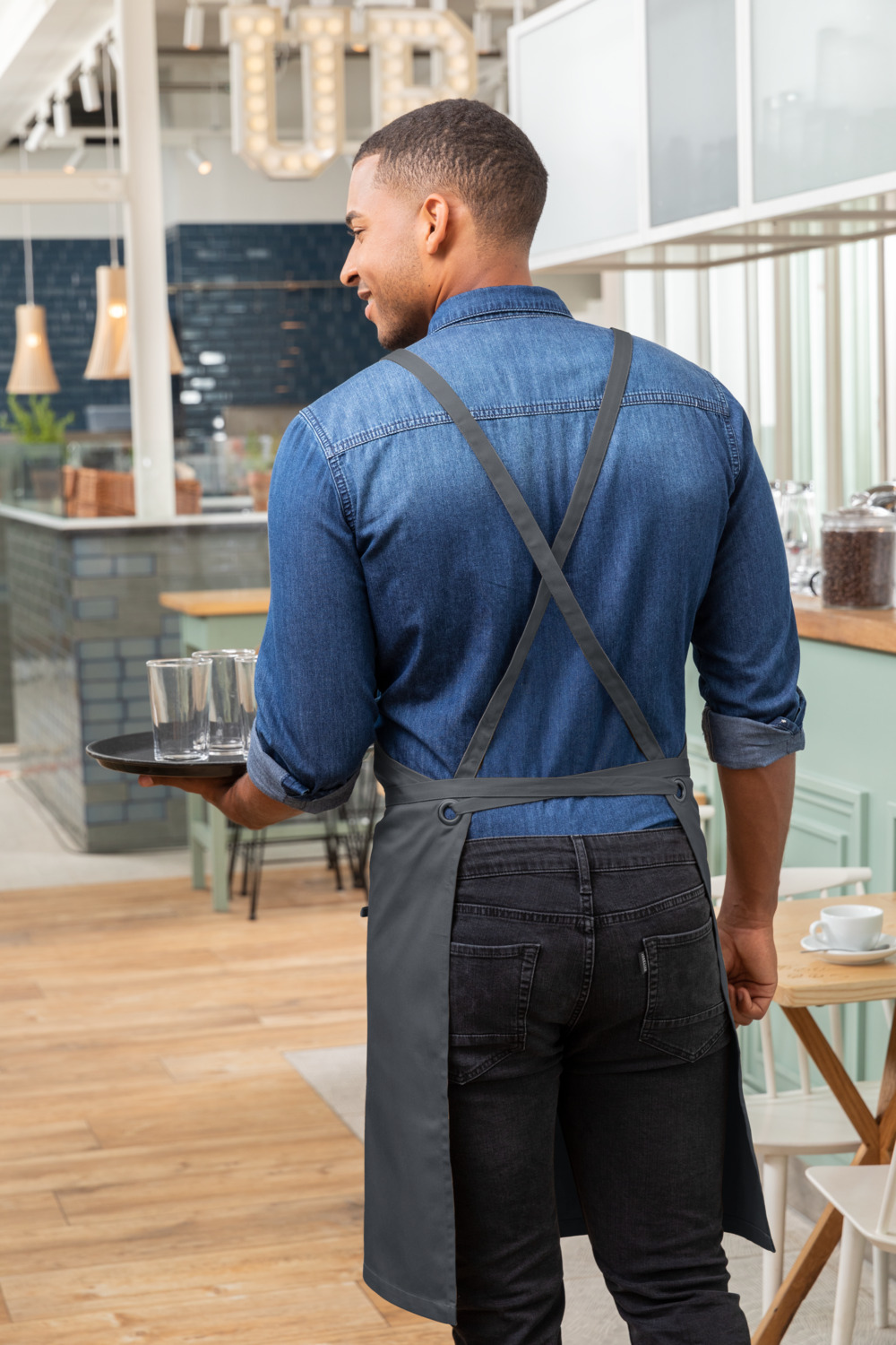 Jobeline Botero Bib Apron, Graphite, 88x100 cm, 65% Polyester 35% Cotton, 200 g/m², Crossed Back Straps, Tablet Pocket, Pen Tab, Washable at 60°C