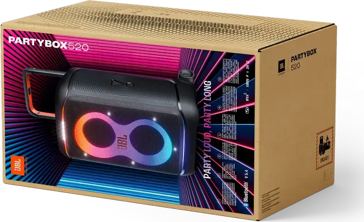 JBL PartyBox 520 Portable Audio System, 400W RMS, Bluetooth 5.4, Auracast, RGB Lighting, 15h Battery, Mic/Guitar Input, Wheels, Black