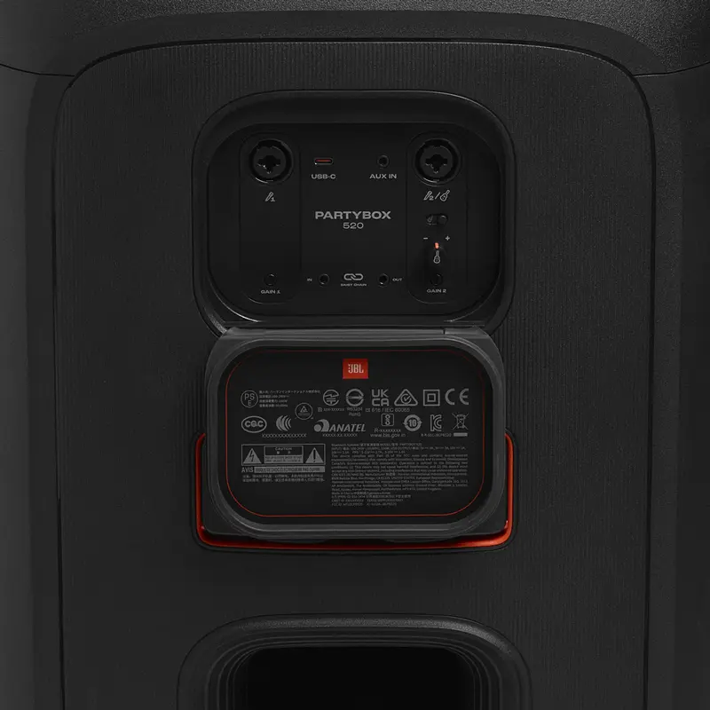 JBL PartyBox 520 Portable Audio System, 400W RMS, Bluetooth 5.4, Auracast, RGB Lighting, 15h Battery, Mic/Guitar Input, Wheels, Black