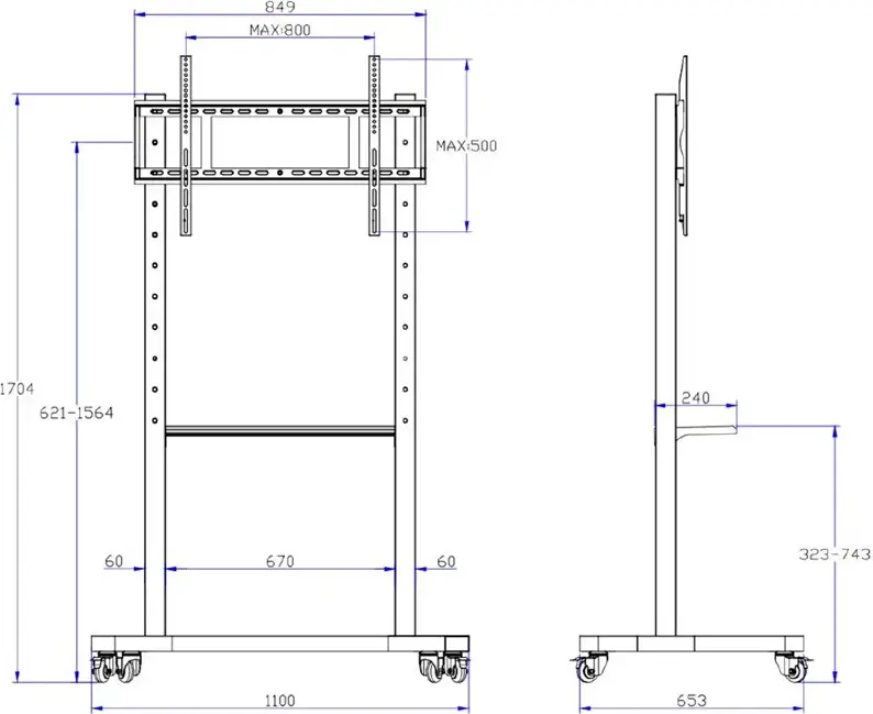 StarBoard IBD-3110 Mobile Display Stand, Metal IFPD Pushing Cart for 42-75 inch Screens, VESA 100x100 to 800x500mm, 80kg Load, Height Adjustable