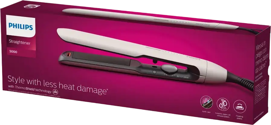 Philips BHS515/00 5000 Series Hair Straightener, Argan Oil Ceramic Plates, ThermoShield Technology, Ionic Care, 120-230°C, White