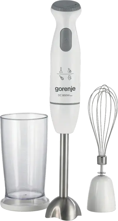 Mixer vertical Gorenje HBC802QW 800W, picior si lame din otel inoxidabil, viteza variabila si modul Pulse, cu tel si pahar 0.5L, Alb