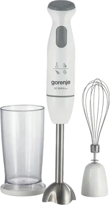 Mixer vertical Gorenje HBC802QW 800W, picior si lame din otel inoxidabil, viteza variabila si modul Pulse, cu tel si pahar 0.5L, Alb