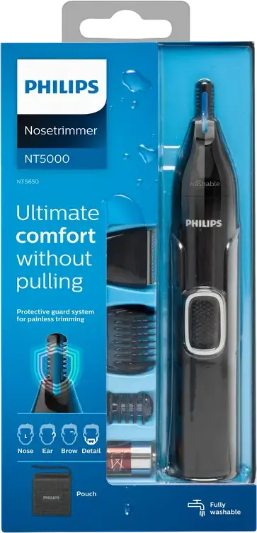 Philips NT5650/16 NT5000 Nose, Ear and Eyebrow Trimmer, Stainless Steel Blades, Protective Guard System, Fully Washable, Black, AA Battery Powered