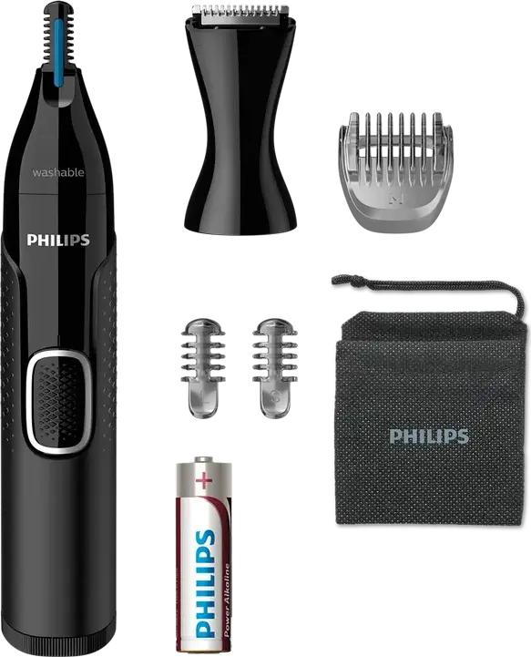 Philips NT5650/16 NT5000 Nose, Ear and Eyebrow Trimmer, Stainless Steel Blades, Protective Guard System, Fully Washable, Black, AA Battery Powered