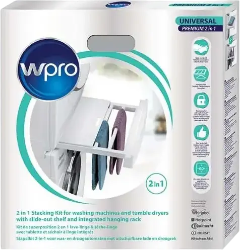 Wpro 484000008545 SKP101 Universal Premium 2-in-1 Stacking Kit for 60x60cm Washing Machines and Dryers, White, with Slide-out Shelf and Hanging Rack