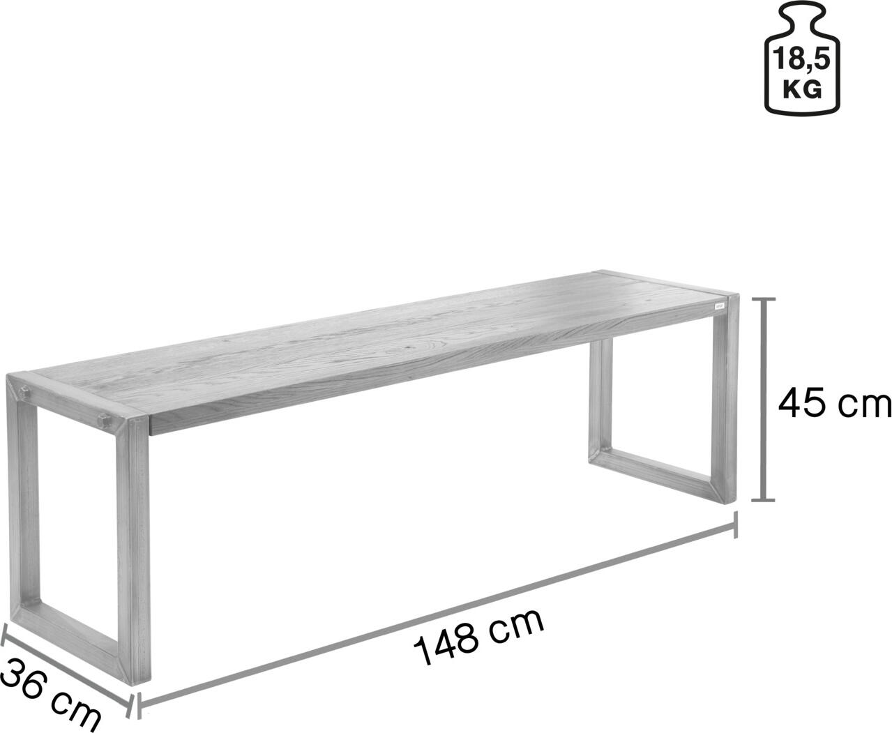 VEGA Torres 3-Seater Industrial Bench, FSC Certified Solid Oak Wood and Painted Steel Frame, 148x38x45 cm, Antique Oak and Grey