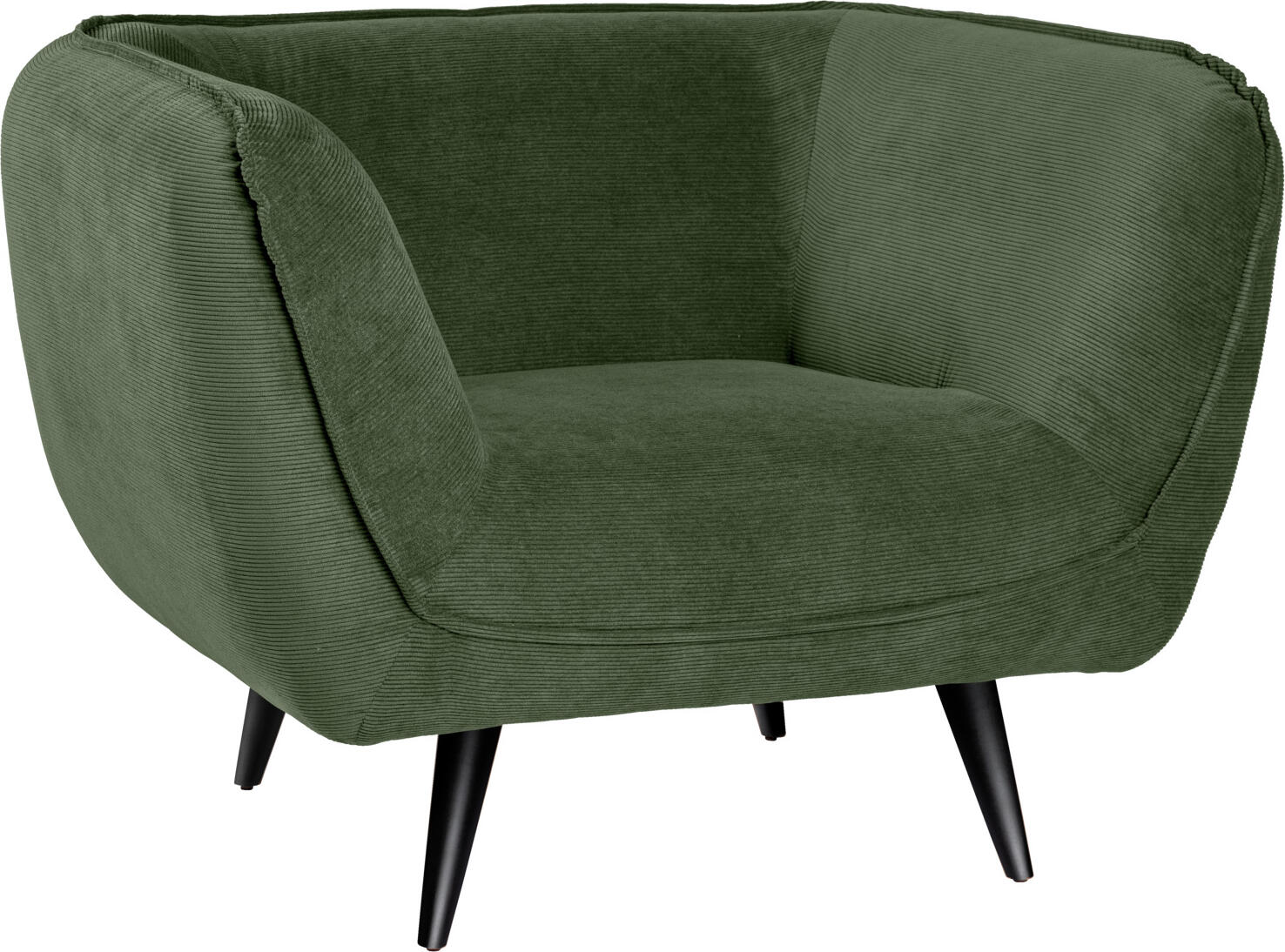 VEGA LUSINI Solutions GmbH Lounge armchair Kelso Loungesessel Kelso Lounge armchair Kelso; 110x88x76 cm (WxDxH); seat green, base black Loungesessel Kelso; 110x88x76 cm (BxTxH); Sitz grün, Gestell schwarz Cosy armchair with armrests made of high-quality cord fabric and natural beech legs. Cord fabric for furniture is a robust and durable material and therefore ideal for heavily frequented lobby areas. This fabric is known for its unique ribbed texture, which not only looks attractive but is also pleasant to the touch. Suitable for indoor use only. Supplied disassembled, attach legs using the assembly material provided. Gemütlicher Sessel mit Armlehnen aus hochwertigem Cord-Stoff und Beinen aus Buche, natur. Cord-Stoff für Möbel ist ein robustes und langlebiges Material und somit ideal geeignet für stark frequentierte Lobby Bereiche. Dieser Stoff ist bekannt für seine einzigartige gerippte Textur, die nicht nur attraktiv aussieht, sondern auch angenehm zu berühren ist. Nur für den Innenbereich geeignet. Lieferung erfolgt zerlegt, Beine anhand des mitgelieferten Montagematerials befestigen.