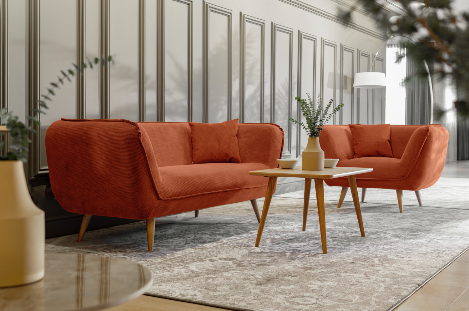 VEGA Kelso Lounge Armchair, Ribbed Cord Fabric, Beech Wood Base, Flame-Retardant, 110x88x76 cm, High Abrasion Resistance 100k Martindale
