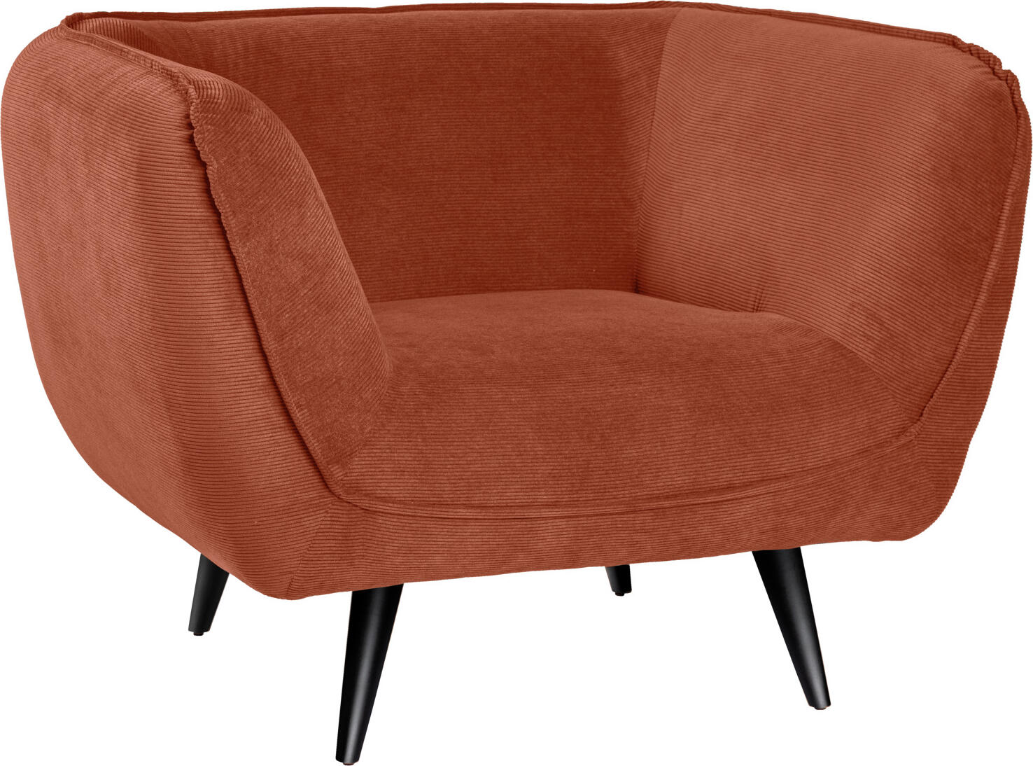 VEGA LUSINI Solutions GmbH Lounge armchair Kelso Loungesessel Kelso Lounge armchair Kelso; 110x88x76 cm (WxDxH); seat terracotta, base black Loungesessel Kelso; 110x88x76 cm (BxTxH); Sitz terrakotta, Gestell schwarz Cosy armchair with armrests made of high-quality cord fabric and natural beech legs. Cord fabric for furniture is a robust and durable material and therefore ideal for heavily frequented lobby areas. This fabric is known for its unique ribbed texture, which not only looks attractive but is also pleasant to the touch. Suitable for indoor use only. Supplied disassembled, attach legs using the assembly material provided. Gemütlicher Sessel mit Armlehnen aus hochwertigem Cord-Stoff und Beinen aus Buche, natur. Cord-Stoff für Möbel ist ein robustes und langlebiges Material und somit ideal geeignet für stark frequentierte Lobby Bereiche. Dieser Stoff ist bekannt für seine einzigartige gerippte Textur, die nicht nur attraktiv aussieht, sondern auch angenehm zu berühren ist. Nur für den Innenbereich geeignet. Lieferung erfolgt zerlegt, Beine anhand des mitgelieferten Montagematerials befestigen.
