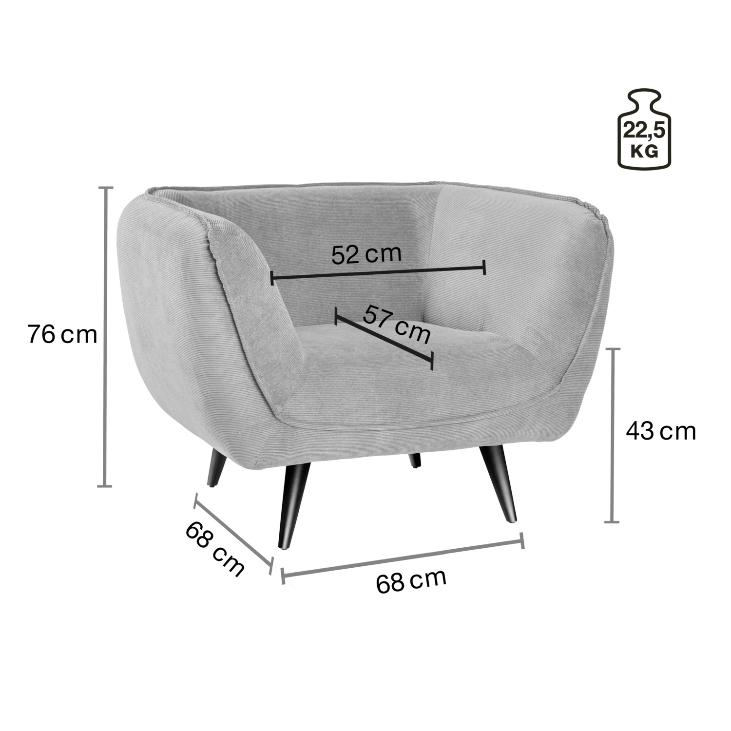 Fotoliu de relaxare VEGA Kelso, Tapiterie din Material Cord Cotoyos, Picioare din Lemn de Fag, 110x88x76 cm, Rezistenta Ridicata pentru Lobby