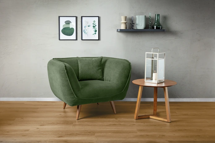 Fotoliu Lounge VEGA Kelso, Material Cord Robust Ribat Verde, Baza din Fag Natural, Ignifug, 110x88x76 cm, Rezistenta 100.000 Martindale