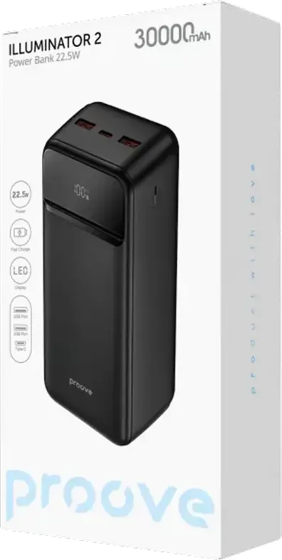 Внешний аккумулятор Proove Illuminator 2 30000mAh 22.5W с быстрой зарядкой, LED-дисплеем, 2x USB-A, 1x USB-C, черный