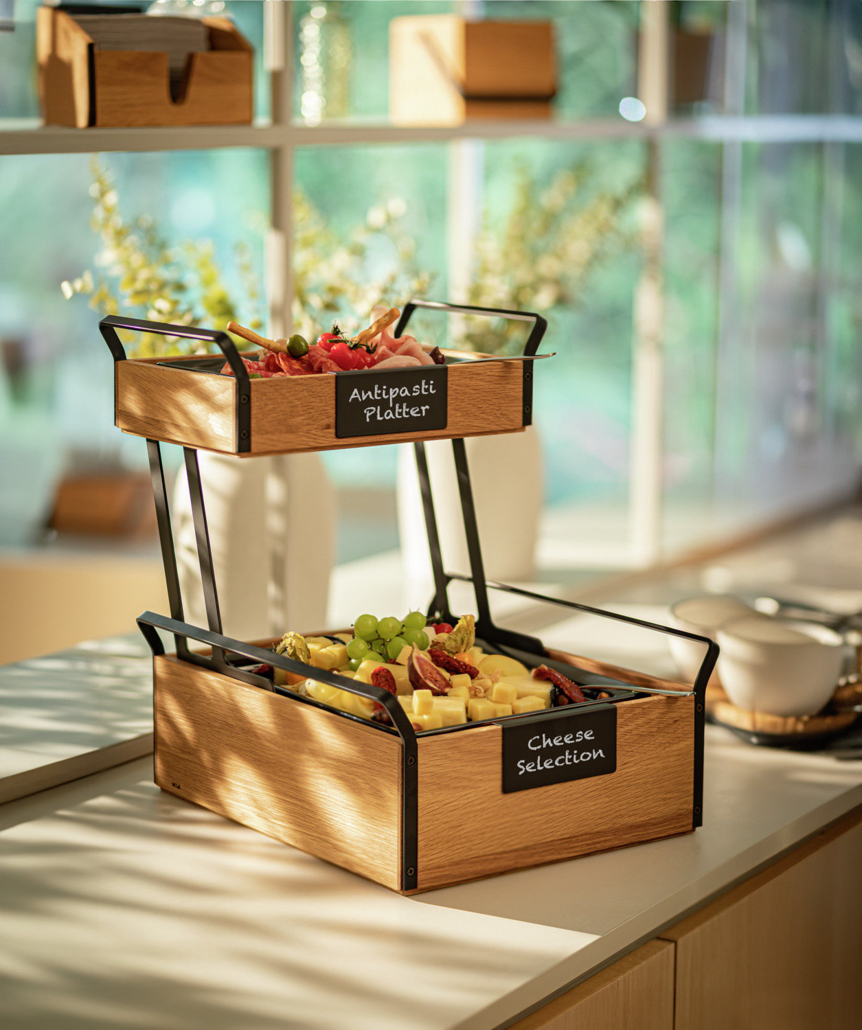VEGA Esino Two-Tier Refrigerated Display Case GN 1/4 Oak Wood and Melamine Buffet Cold Tray Set, 35.4 x 21 x 36.9 cm