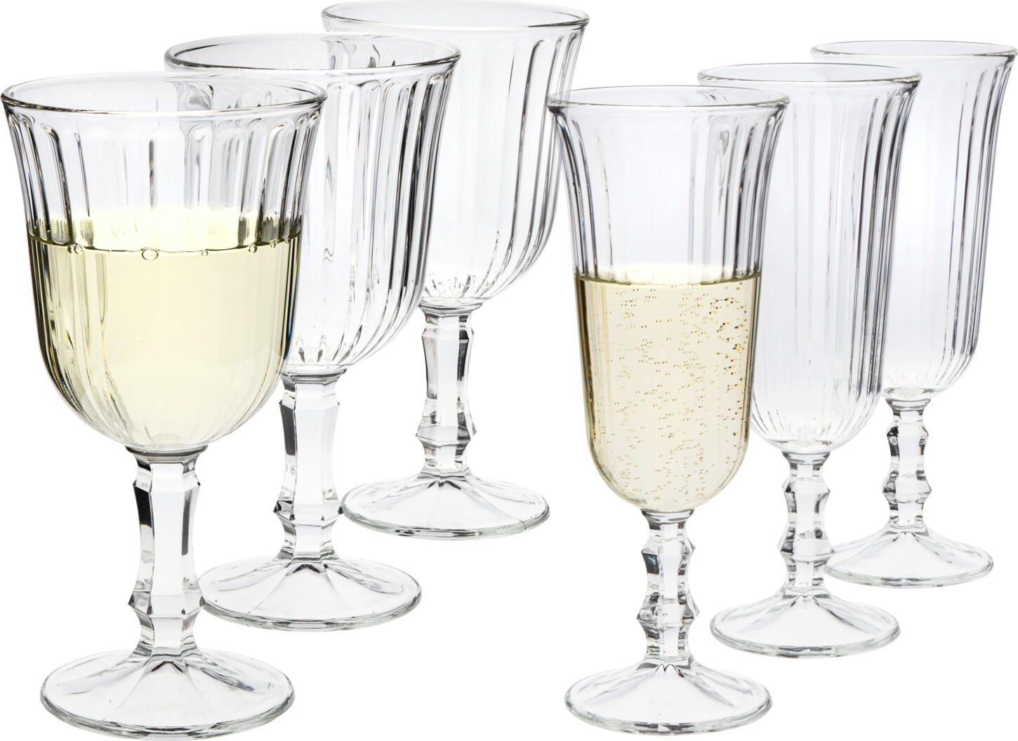 Royal Leerdam Nostalgie Glass Set, 12 Pieces, 6 Wine and 6 Champagne Glasses, 240ml, Transparent Ribbed Glass, Dishwasher Safe, Heavy Quality