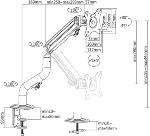 Suport Monitor Gembird MA-DA1-02 cu piston cu gaz pentru ecrane 17-32 inch, VESA 75x75 100x100, Capacitate 8kg, Aluminiu Otel Negru, Montare C-Clamp si Grommet