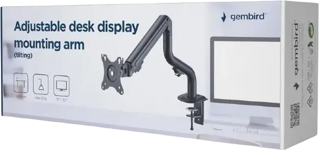 Suport Monitor Gembird MA-DA1-02 cu piston cu gaz pentru ecrane 17-32 inch, VESA 75x75 100x100, Capacitate 8kg, Aluminiu Otel Negru, Montare C-Clamp si Grommet