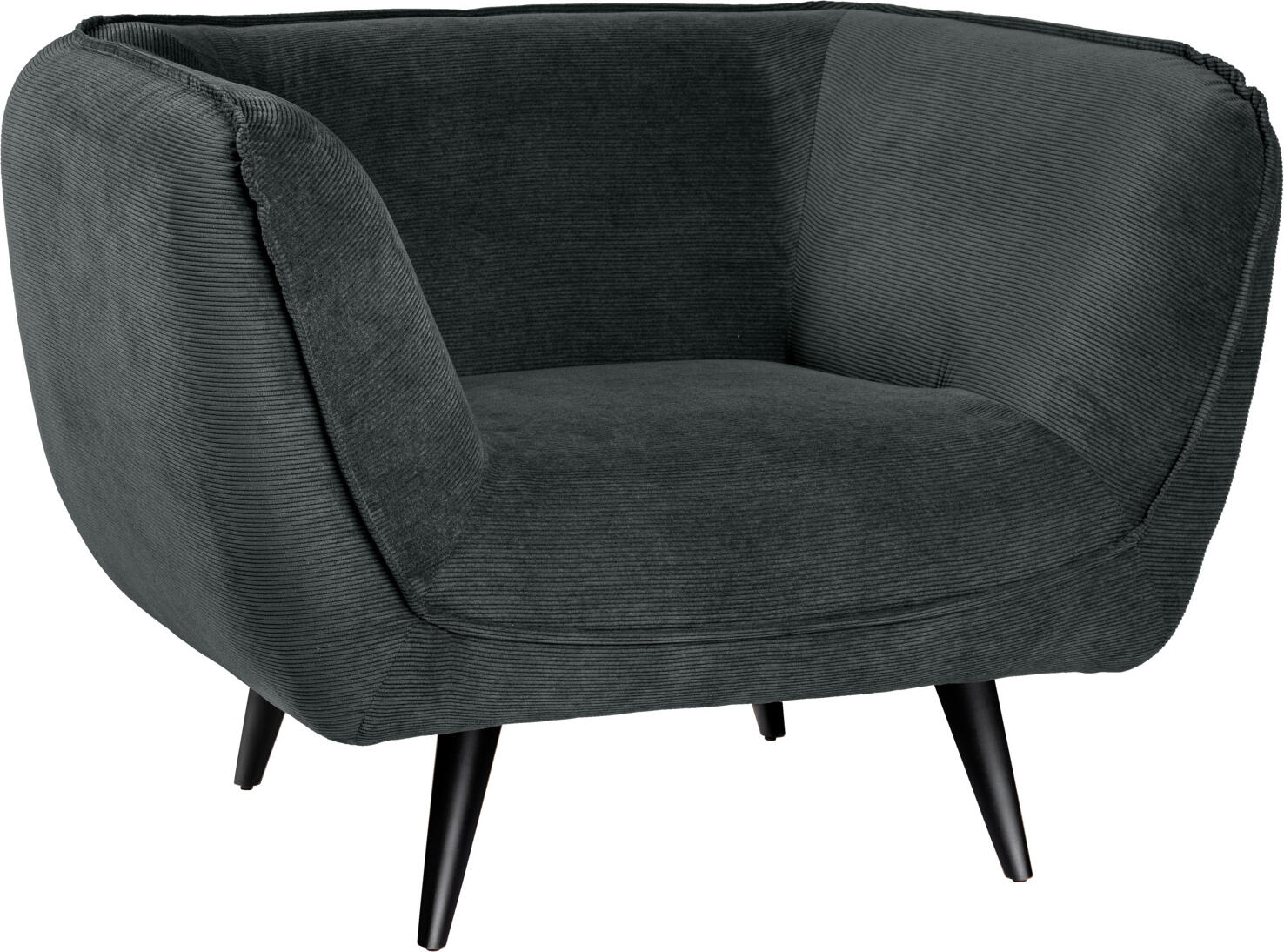 VEGA LUSINI Solutions GmbH Lounge armchair Kelso Loungesessel Kelso Lounge armchair Kelso; 110x88x76 cm (WxDxH); seat anthracite, base black Loungesessel Kelso; 110x88x76 cm (BxTxH); Sitz anthrazit, Gestell schwarz Cosy armchair with armrests made of high-quality cord fabric and natural beech legs. Cord fabric for furniture is a robust and durable material and therefore ideal for heavily frequented lobby areas. This fabric is known for its unique ribbed texture, which not only looks attractive but is also pleasant to the touch. Suitable for indoor use only. Supplied disassembled, attach legs using the assembly material provided. Gemütlicher Sessel mit Armlehnen aus hochwertigem Cord-Stoff und Beinen aus Buche, natur. Cord-Stoff für Möbel ist ein robustes und langlebiges Material und somit ideal geeignet für stark frequentierte Lobby Bereiche. Dieser Stoff ist bekannt für seine einzigartige gerippte Textur, die nicht nur attraktiv aussieht, sondern auch angenehm zu berühren ist. Nur für den Innenbereich geeignet. Lieferung erfolgt zerlegt, Beine anhand des mitgelieferten Montagematerials befestigen.