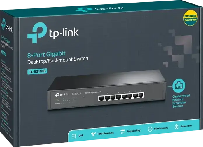 Неуправляемый гигабитный коммутатор TP-Link TL-SG1008 на 8 портов 10/100/1000 Мбит/с, пропускная способность 16 Гбит/с, QoS, Green Technology, металлический корпус