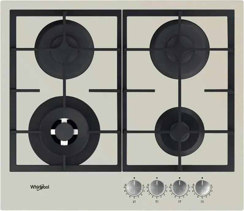 Whirlpool GOFL 629 Built-in Gas Hob, 4 Burners with WOK Burner, Tempered Glass Surface, Cast Iron Grates, Electronic Ignition, Silver, 590x510 mm