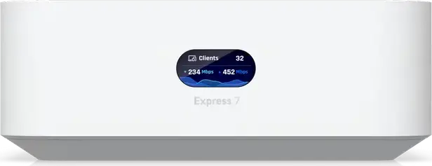 Ubiquiti UniFi Express 7 (UX7) Облачный шлюз, WiFi 7 роутер, WAN 10GbE, LAN 2.5GbE, 4-ядерный ARM Cortex-A53, 3ГБ ОЗУ, LCM-дисплей, Белый