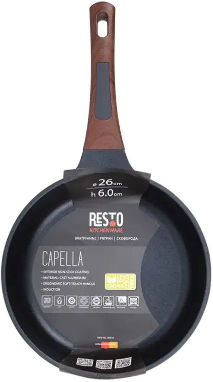 Tigaie Resto Kitchenware Capella 93510 Aluminiu Turnat, 26 cm, Strat Non-stick PFLUON, Compatibila Inductie, Maner Soft-touch Efect Lemn, Neagra