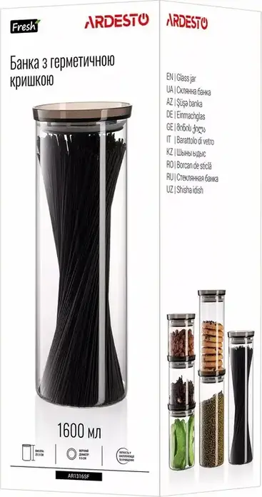 Borcan pentru alimente din sticla Ardesto Fresh AR1316SF, 1.6L cu capac etans Vacuum, recipient rotund transparent din sticla, sigur la masina de spalat