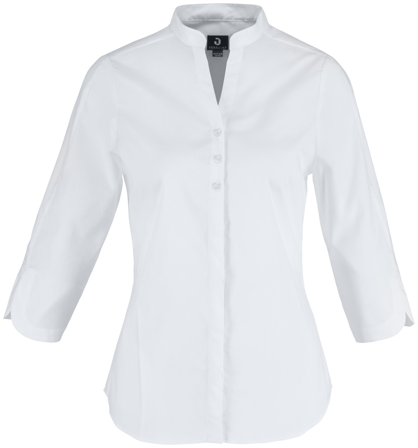 JOBELINE LUSINI Solutions GmbH Women's blouse Lani three-quarter sleeve Damen Bluse Lani Dreiviertelarm Women's blouse Lani three-quarter sleeve; Size 34; white Damen Bluse Lani Dreiviertelarm; Kleidergröße 34; weiß 67 % cotton, 33 % polyester. 30°C wash. Simple, ladies' blouse with three-quarter length sleeves, visible button placket and short stand-up collar. Sleeves with a rounded slit for optimum freedom of movement at the elbow. With short bust darts and waist seams at the back for a perfect fit. Extra-long back and rounded hem. Particularly easy-care and easy-iron thanks to the polyester content. Regular fit. Back length: 68 cm for size 36. 67 % Baumwolle, 33 % Polyester. 30°-Wäsche. Schlichte Damenbluse mit Dreiviertelarmlänge, sichtbarer Knopfleiste und kurzem Stehkragen. Ärmel mit abgerundetem Schlitz für eine optimale Bewegungsfreiheit am Ellenbogen. Mit kurzen Brustabnähern und Taillierungsnähten im Rücken für eine perfekte Passform. Extra lange Rückenlänge und abgerundeter Saum. Dank Polyesteranteil besonders pflege- und bügelleicht. Regular fit. Rückenlänge: 68 cm in Gr. 36