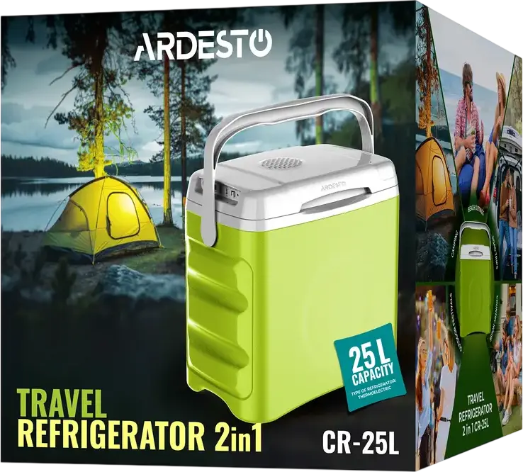 Ardesto CR-25L Thermoelectric Travel Cooler and Warmer, 2-in-1 Portable Refrigerator, 25L Capacity, AC/DC and USB Power, Plastic, Green and White