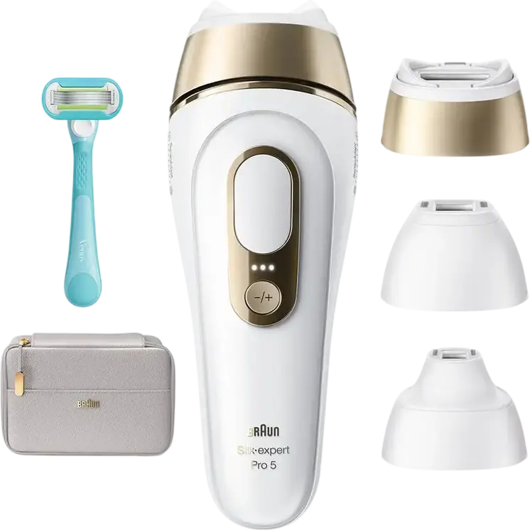 Epilator IPL Braun Silk-expert Pro 5 PL5351, 400.000 Impulsuri, Senzor Smart SkinProtect, 3 Moduri de Intensitate, Corp Întreg, Alb și Auriu