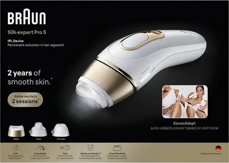 Epilator IPL Braun Silk-expert Pro 5 PL5351, 400.000 Impulsuri, Senzor Smart SkinProtect, 3 Moduri de Intensitate, Corp Întreg, Alb și Auriu