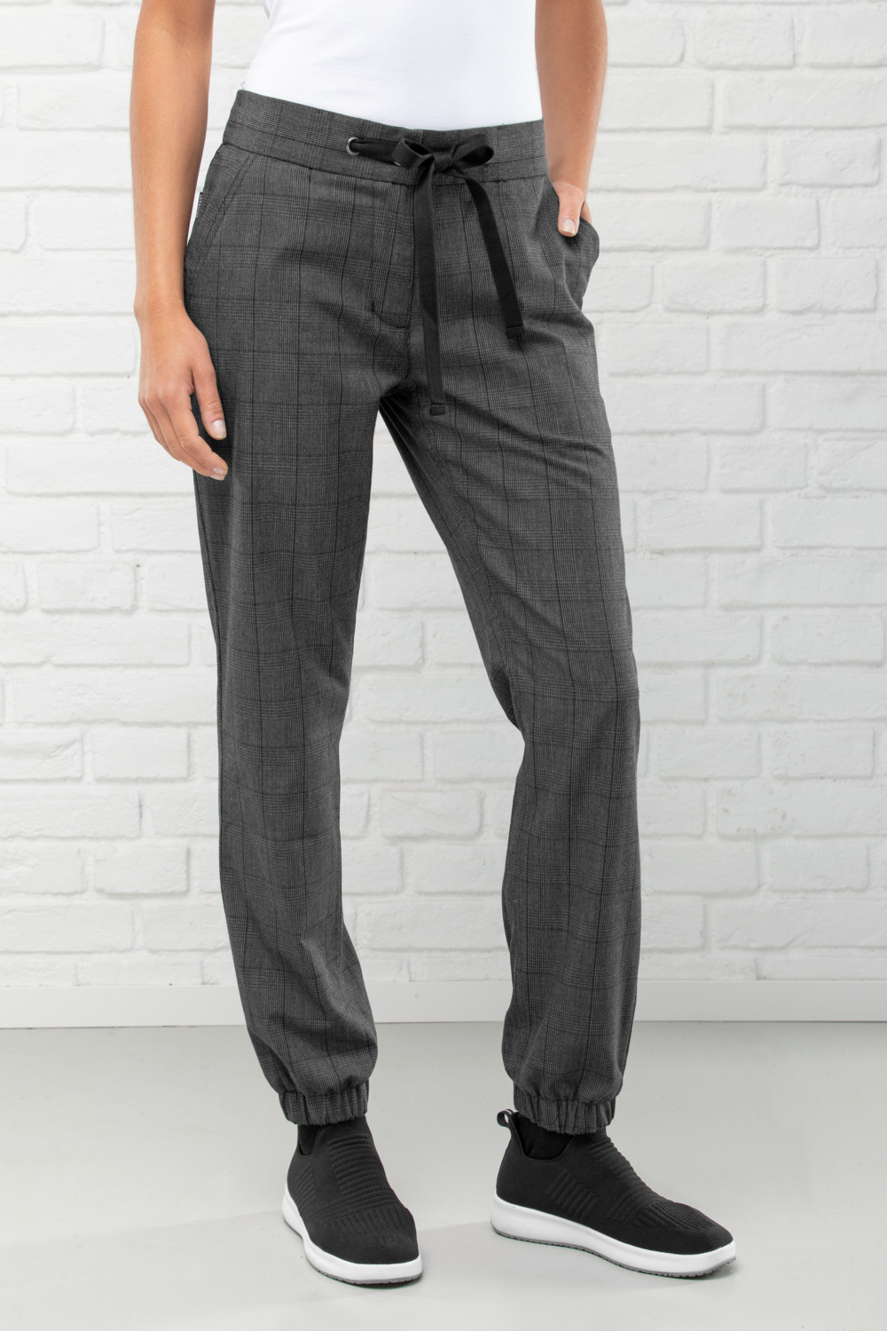 Jobeline Sweatpant Karo Women's Chef Trousers, Size 46, Polyester Cotton Blend, Glencheck Design, Stretch Waistband with Drawstring, Tapered Leg